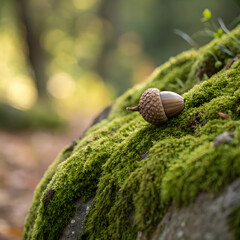 Autumnal still life shows a single acorn resting on verdant moss, offering a glimpse into the forest floor and highlighting the textures of nature in a tranquil scene with soft bokeh.