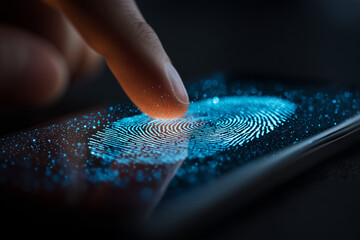 Fingerprint Security Technology: A close-up of a fingertip interacting with a digital fingerprint sensor on a sleek device, symbolizing access, privacy, and security in the digital age.