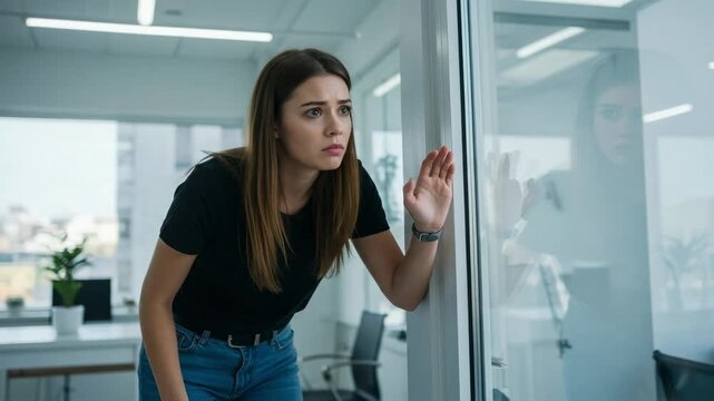 Surprised young woman peeking through a glass door in a modern office. Curious female employee eavesdropping with a shocked expression.