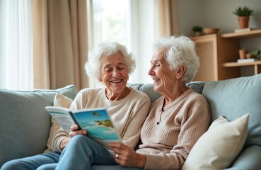 Happy white-haired senior couple sitting on sofa, reading travel brochure. Elderly man, woman enjoying retirement lifestyle, free time indoors. Couple sharing joy planning vacation destination.