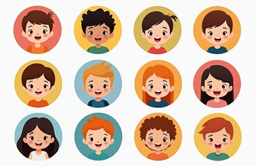 Set of cute cartoon avatars featuring diverse happy children, boys, girls, smiling with joyful expressions. Graphics display round profile pictures perfect for educational apps, websites, creative
