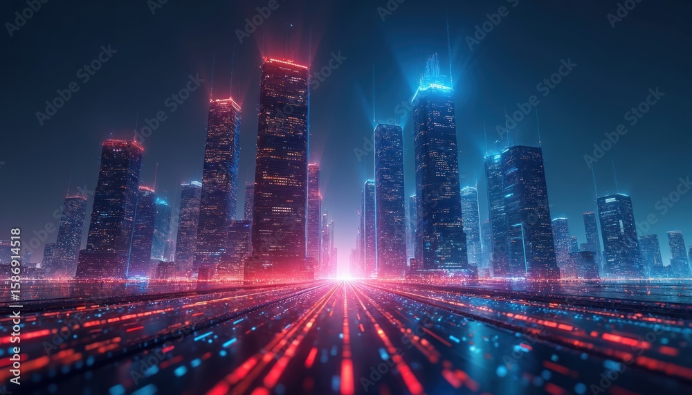 Poster futuristic cityscape with towering skyscrapers illuminated by neon blue, red lights. abstract digita