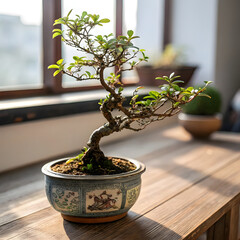 Serene bonsai tree with green leaves in a decorative ceramic pot sits on a rustic wooden table bathed in sunlight, evoking calm and Japanese culture.