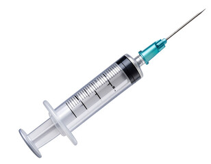  Close-up of a sterile syringe with needle pointing upwards, isolated on transparent background