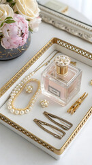 Elegant vanity tray showcases perfume, pearls, and hair accessories, bathed in soft light creating a luxurious and feminine aesthetic perfect for beauty and lifestyle content creation.