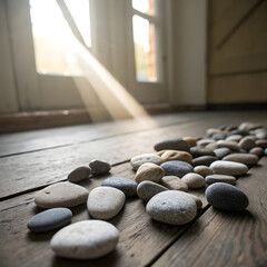 Sunlight streams through a window, illuminating a collection of smooth stones arranged on a weathered wooden floor, creating a peaceful and natural scene evoking serenity and calmness.