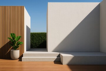 Modern minimalist outdoor patio with wooden deck white walls green hedge and a potted plant bathed in sunlight