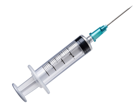  Close-up of a sterile syringe with needle pointing upwards, isolated on transparent background - Powered by Adobe