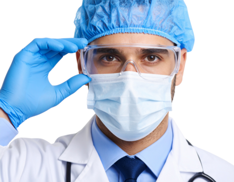  Close-up of surgeon in protective goggles and mask adjusting face shield, focused expression, isolated on transparent background