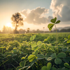Beautiful clover field at sunrise creates a serene natural vista, with lush green leaves and a blurred background evoking a feeling of peace and springtime freshness on the landscape.
