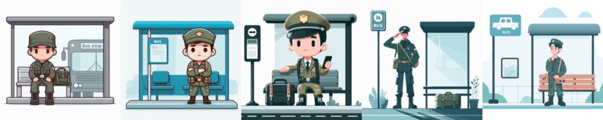 soldier character vector waiting at bus stop