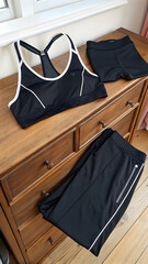 Stylish activewear ensemble featuring a sleek sports bra, fitted shorts, and comfortable track pants arranged on a vintage wooden dresser, showcasing a modern fitness apparel set.