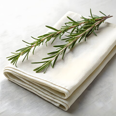 Aromatic rosemary sprigs rest gracefully upon a pristine white linen napkin, presenting a scene of culinary freshness and natural elegance on a subtly textured surface perfect for culinary creations.