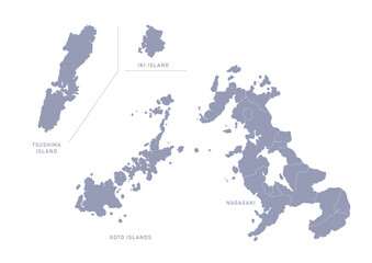 グレー色の日本地図, 長崎県の行政区分付き地図, Gray colored map of Japan, Nagasaki prefecture