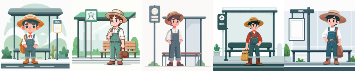 farmer character vector waiting at bus stop