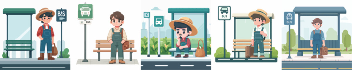 farmer character vector waiting at bus stop