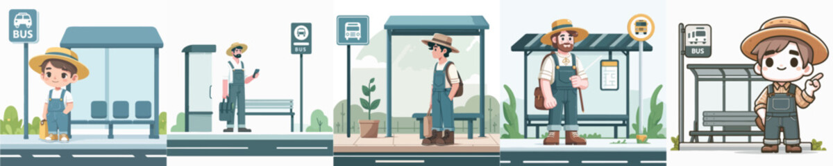 farmer character vector waiting at bus stop