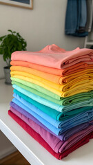 A neatly folded stack of colorful T-shirts displaying a spectrum of rainbow hues sits atop a white surface, ideal for laundry services, fashion concepts, or vibrant textiles.