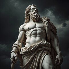 Statue of Zeus, king of gods on Mount. Muscular figure with long hair, beard. Divine power, ancient Greek mythology, thunder god symbol. Dramatic dark sky background enhances godly presence,