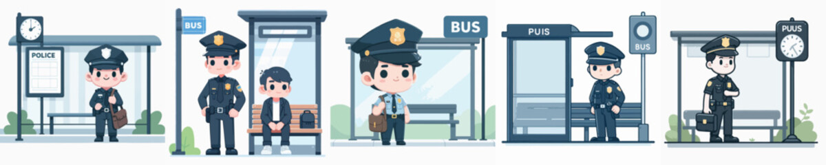 police character vector waiting at bus stop