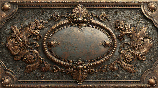 Antique Bronze Plaque Design with Ornate Border and Studs