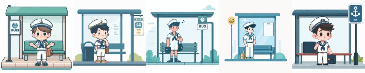 sailor character vector waiting at the bus stop
