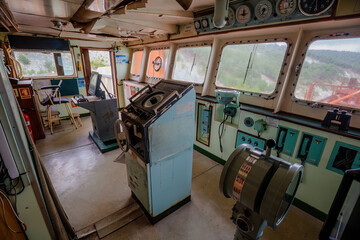 Navigational bridge and control device on old abandoned ship