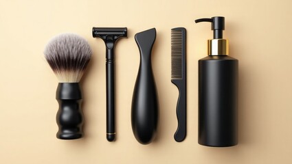 A collection of modern black grooming tools including a shaving brush razor comb and dispenser bottle arranged neatly on a light beige background