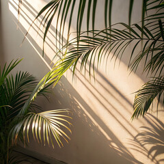 Sunlit palm fronds cast beautiful shadows on a textured wall, creating a serene and tropical ambiance perfect for backgrounds or adding a touch of nature to any creative project or design element.