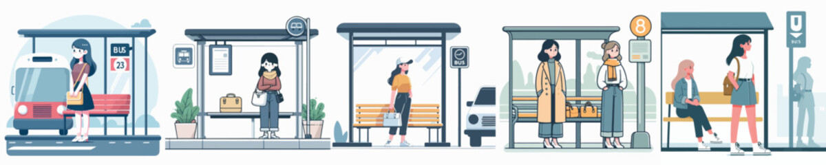vector of woman waiting at bus stop