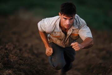 A man in a khaki shirt and khaki pants runs through a field