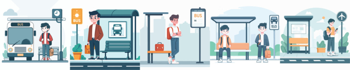 vector of young people waiting at the bus stop