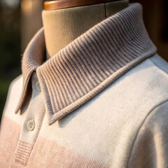 An elegant knit polo shirt with a striped collar is displayed on a mannequin, showcasing its quality fabric and classic design suitable for fashion and apparel presentations.