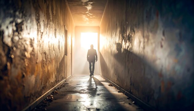 A lone figure walks through a sunlit corridor