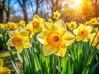 Obraz premium Lush green garden brimming with vibrant yellow daffodils, a springtime spectacle.