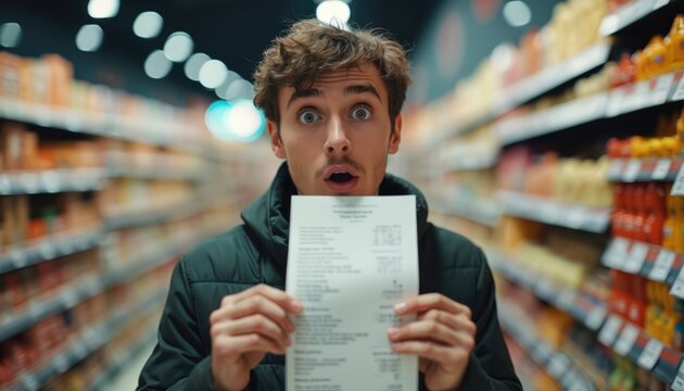 Man shows supermarket receipt with amazed expression. High grocery costs surprise consumer during shopping trip. Shocked by high prices, budget concerns rise for everyday food purchases. - Powered by Adobe