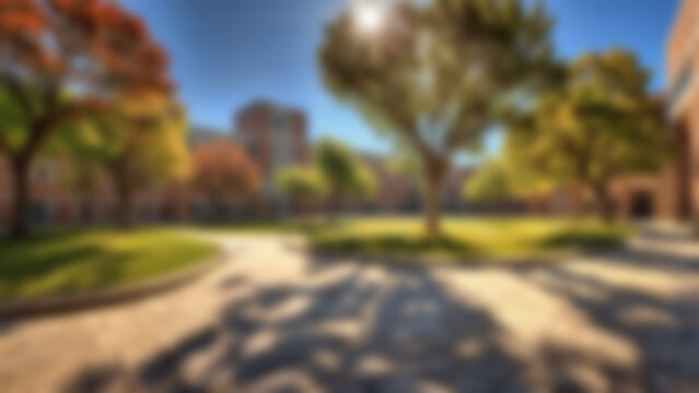 blurry school yard, with a yard full of trees and sunny weather, blurry school yard background - Powered by Adobe