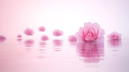 Floating pink roses on water with soft reflections