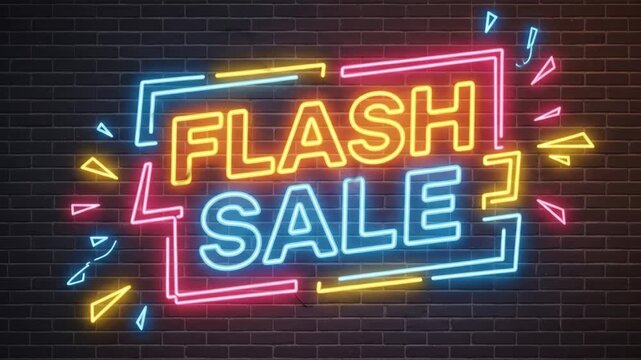 Dynamic Neon Flash Sale Sign on Brick Wall - Animated Promotion