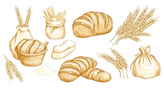Various illustrations of bread, wheat, and flour.