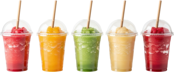 Five colorful blended fruit drinks in clear cups with straws isolate blended drinks