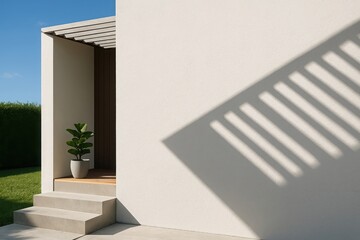 Modern minimalist house entrance with a potted plant and geometric shadow on a stucco wall