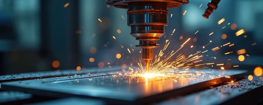 Precision machining with high-tech CNC milling machine creates sparks shaping metal in modern industrial workshop. Advanced technology process highlights precision engineering, manufacturing, - Powered by Adobe
