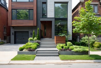 Obraz premium Modern home facade with landscaped front yard.