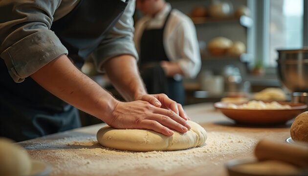 Young chef passionately kneads fresh dough, preparing culinary delights in busy kitchen. Skillful hands work ingredients, flour dusting workspace. Focused on baking artistry, professionalism, food