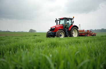 Naklejka premium Red tractor operates on green field, working with agricultural machinery. Sky overhead overcast, suggesting day for field work, farming operations. Focus on tractor, role in rural landscape.