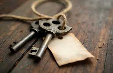 Vintage keys with blank tag on weathered wood surface symbolize inheritance, estate, financial planning. Represents property ownership transfer, legal documents, tax obligations. Secure wealth