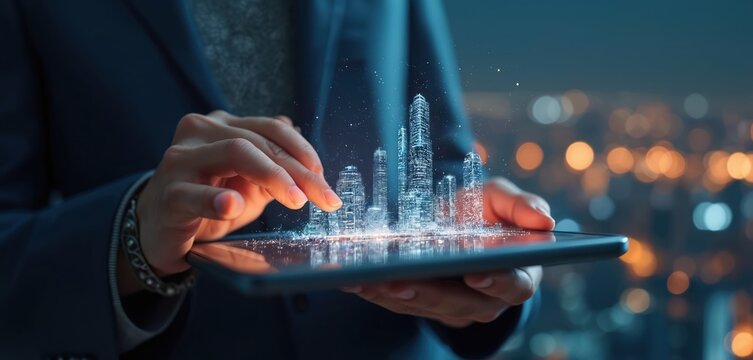 Business person interacts with smart city technology on digital tablet screen. Futuristic cityscape hologram displays urban development, data networks, connectivity. Concept for innovation, future