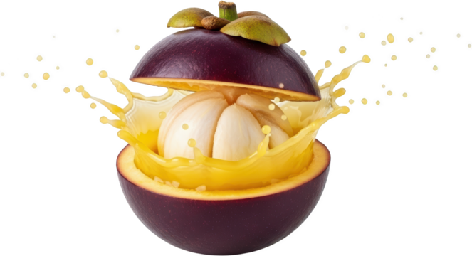 Ripe mangosteen sliced open with juicy segments and liquid splash fruit transparent background
