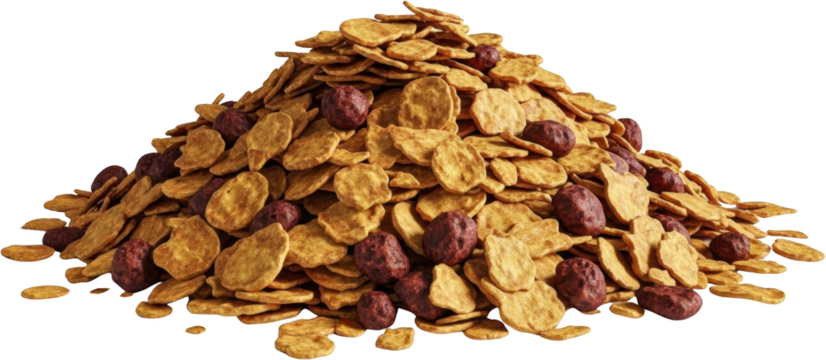 A pile of crisp cereal flakes mixed with dark red berry clusters isolate
